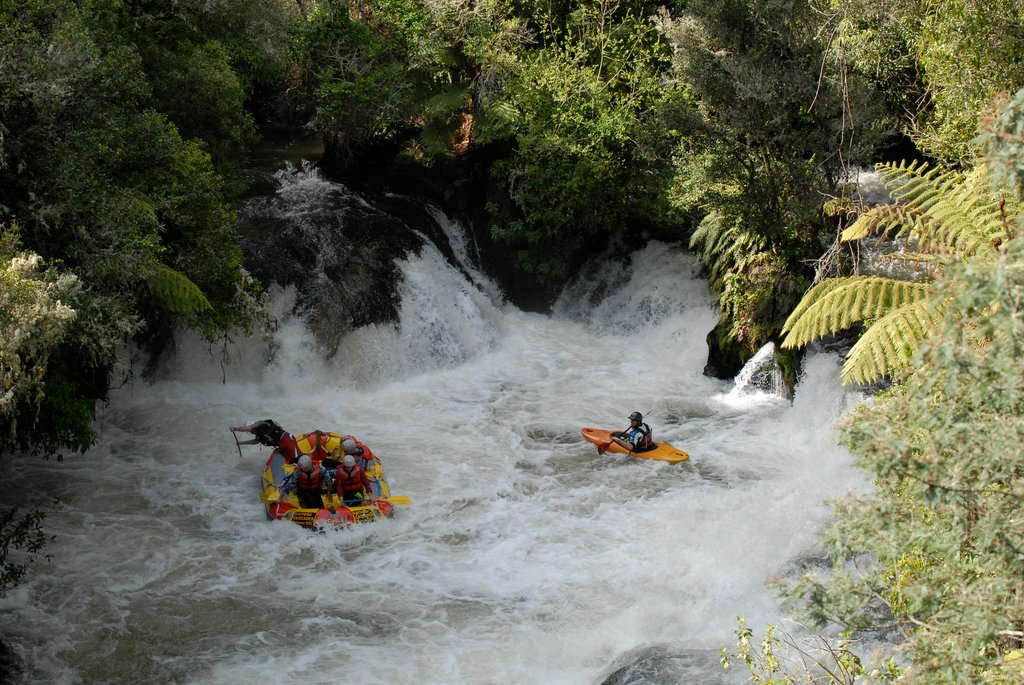 A rafting group and a kayaker navigate powerful rapids and waterfalls on the Kaituna River, surrounded by dense green forest and lush ferns in Rotorua, New Zealand.