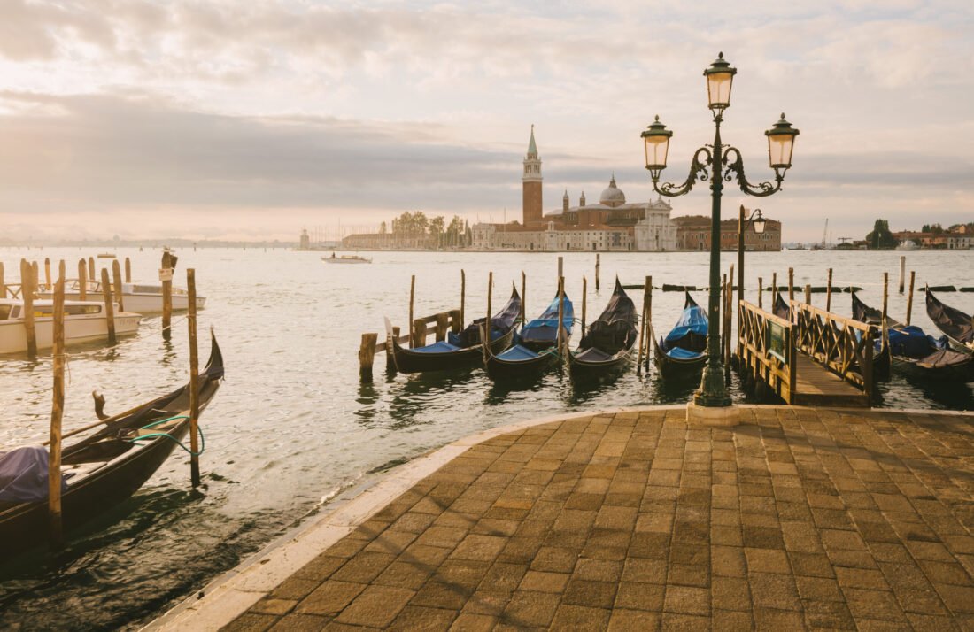 Gondolas in Grand Canal, San Giorgio Maggiore Island in background, Venice, Italy