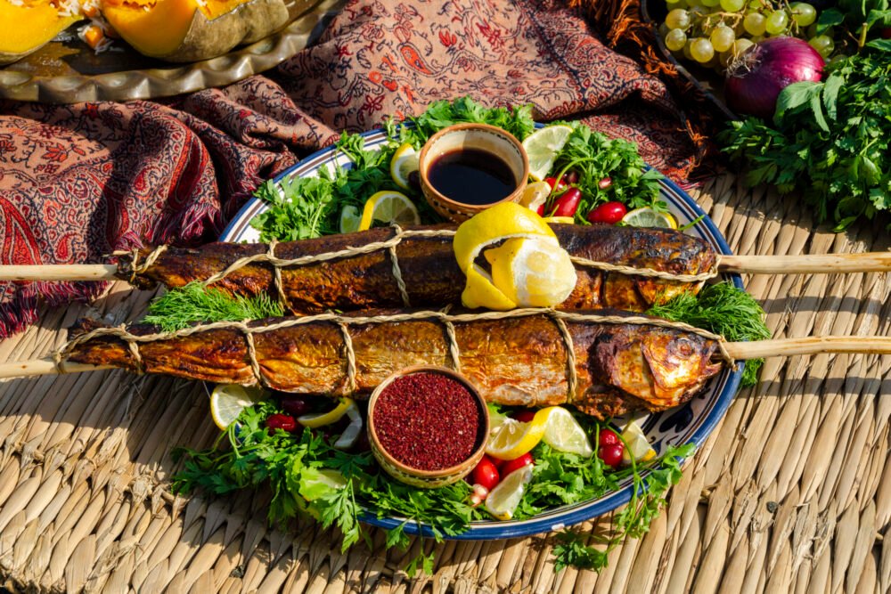 Grilled fish with herbs and sauces. High quality photo