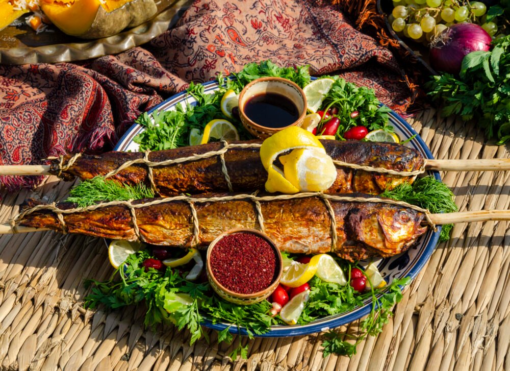 Grilled fish with herbs and sauces. High quality photo