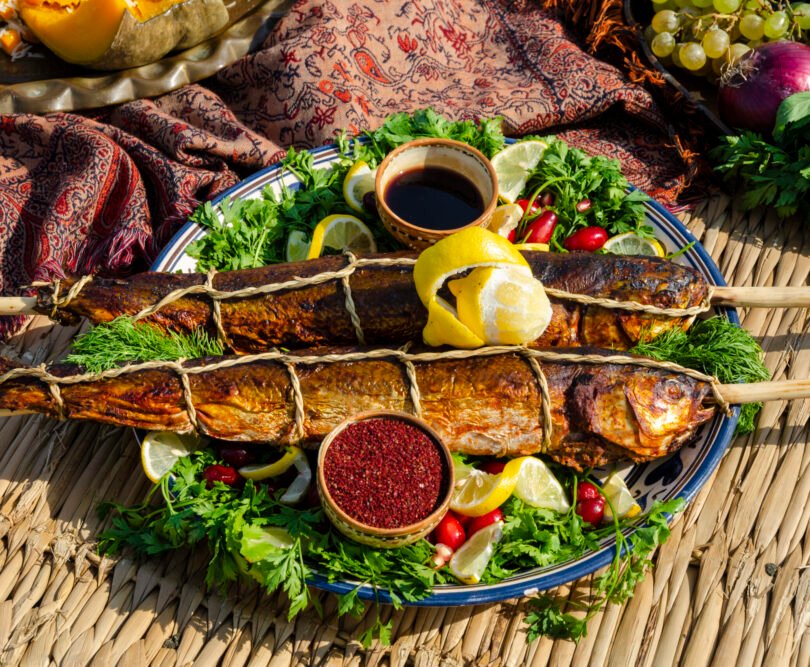 Grilled fish with herbs and sauces. High quality photo