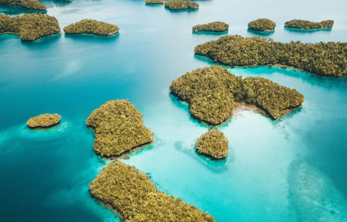 An aerial view of a seascape with several small green islands