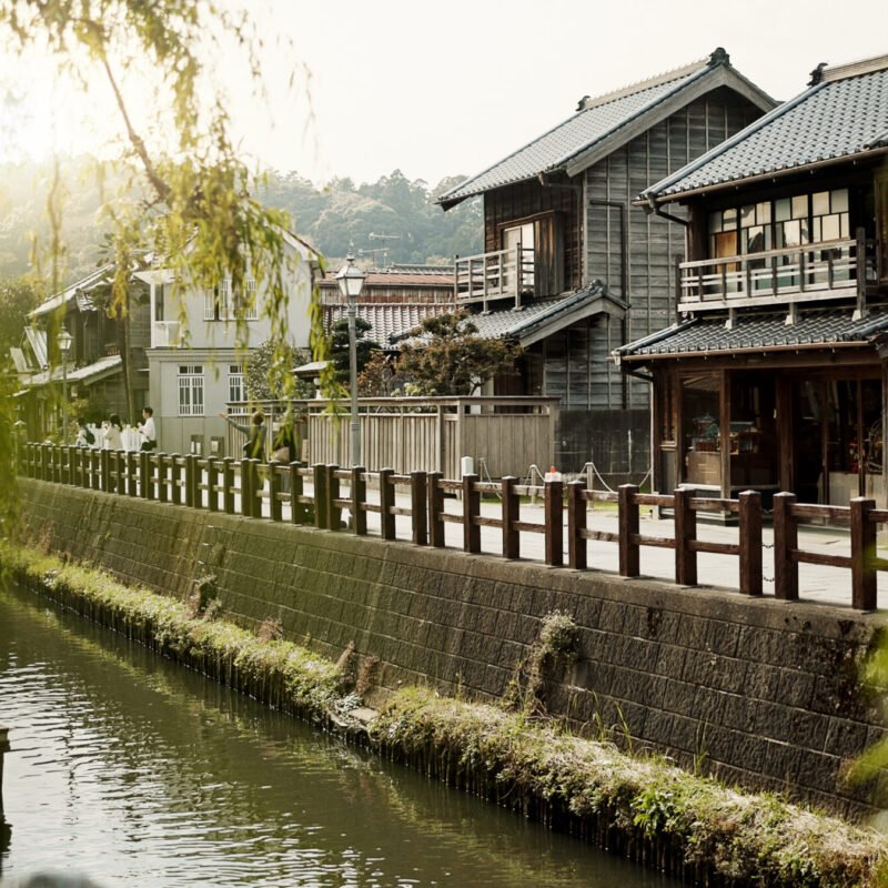 Architecture, Japan building and water canal in city, traditional infrastructure and culture in urb.