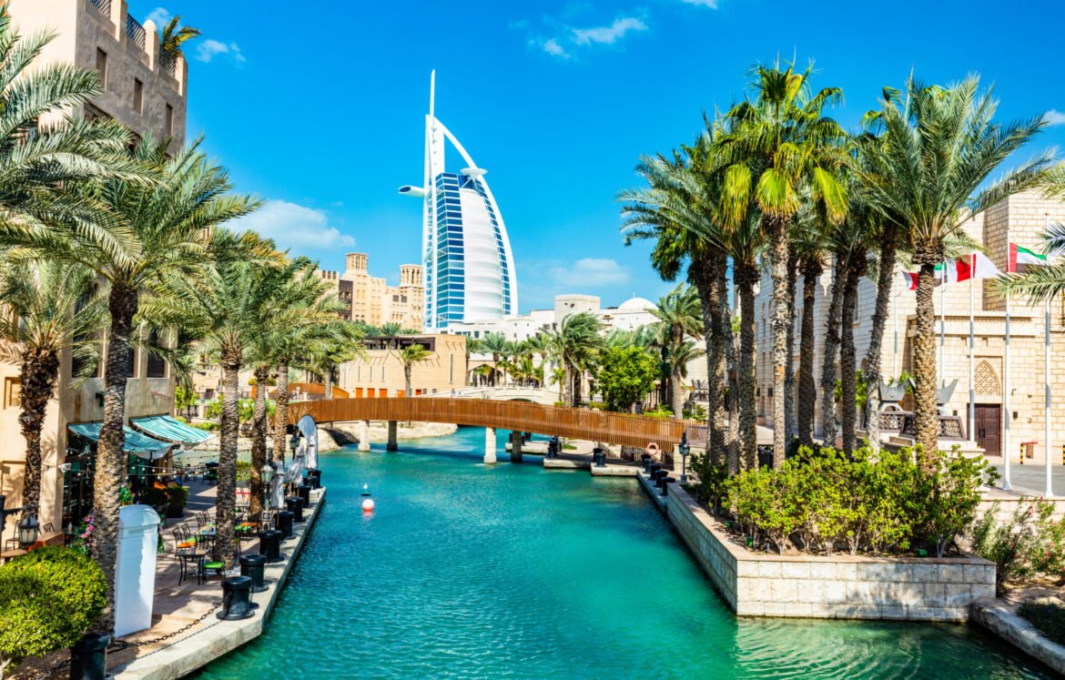 Burj Al Arab seen from madinat jumeirah in Dubai UAE. Traditional Arabian mini city