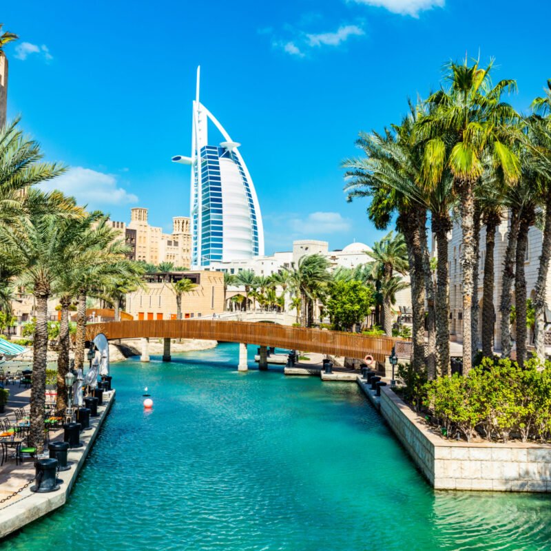 Burj Al Arab seen from madinat jumeirah in Dubai UAE. Traditional Arabian mini city
