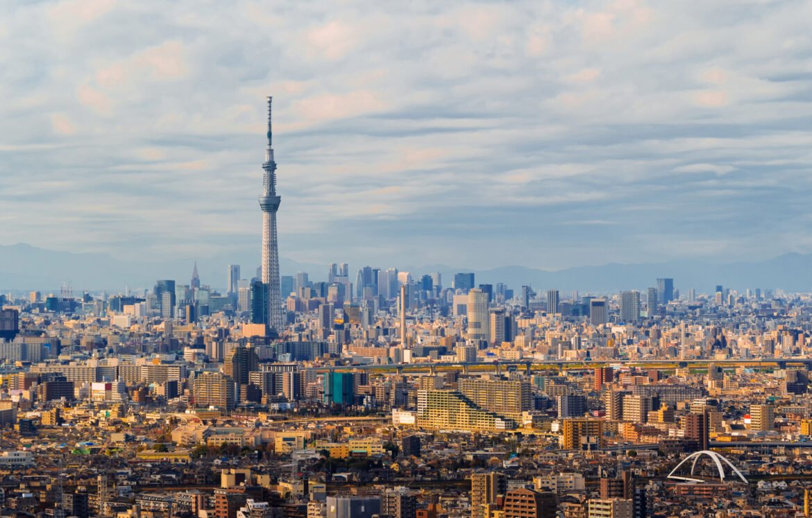 Aerial view of Downtown Tokyo . Financial district and business centers in smart urban city in Asia. Skyscraper and high-rise buildings. Japan