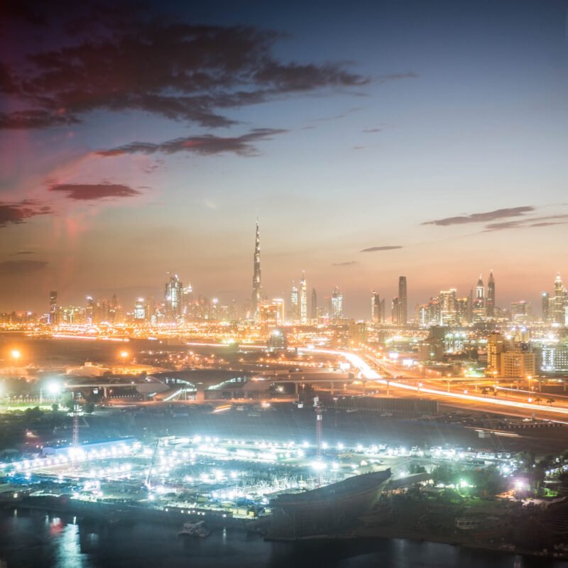 Dubai skyline at sunset
