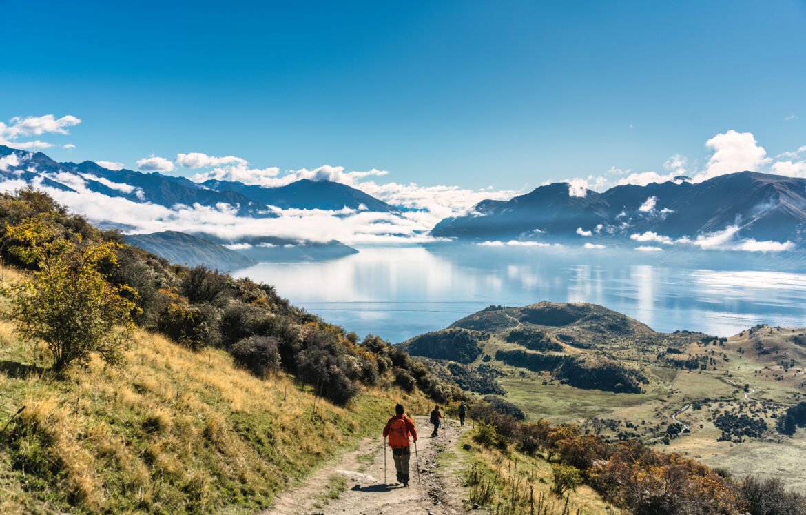 Group of hiker hiking on Roys Peak track with landscape of foggy mountain and lake in South Island of New Zealand