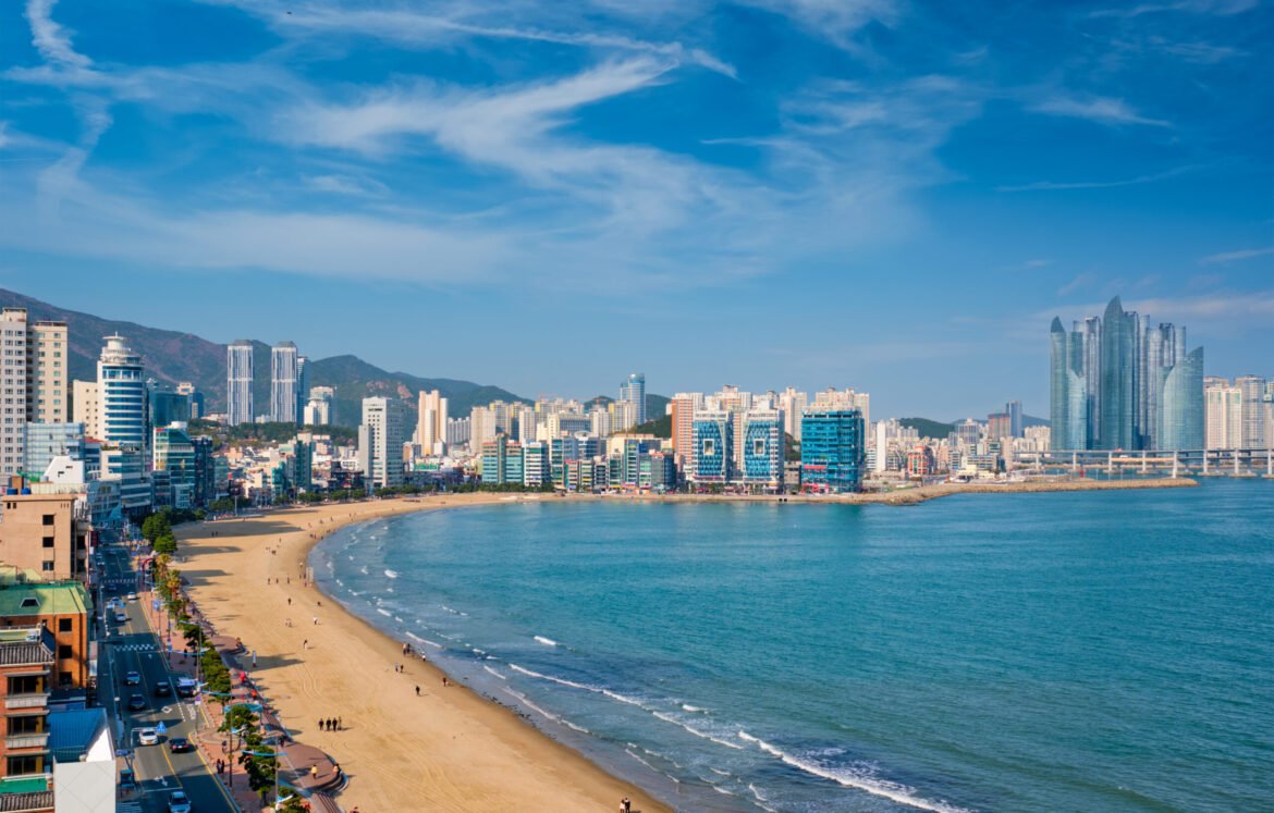 Gwangalli Beach in Busan, South Korea Gwangalli Beach in Busan, South Korea. Aerial view