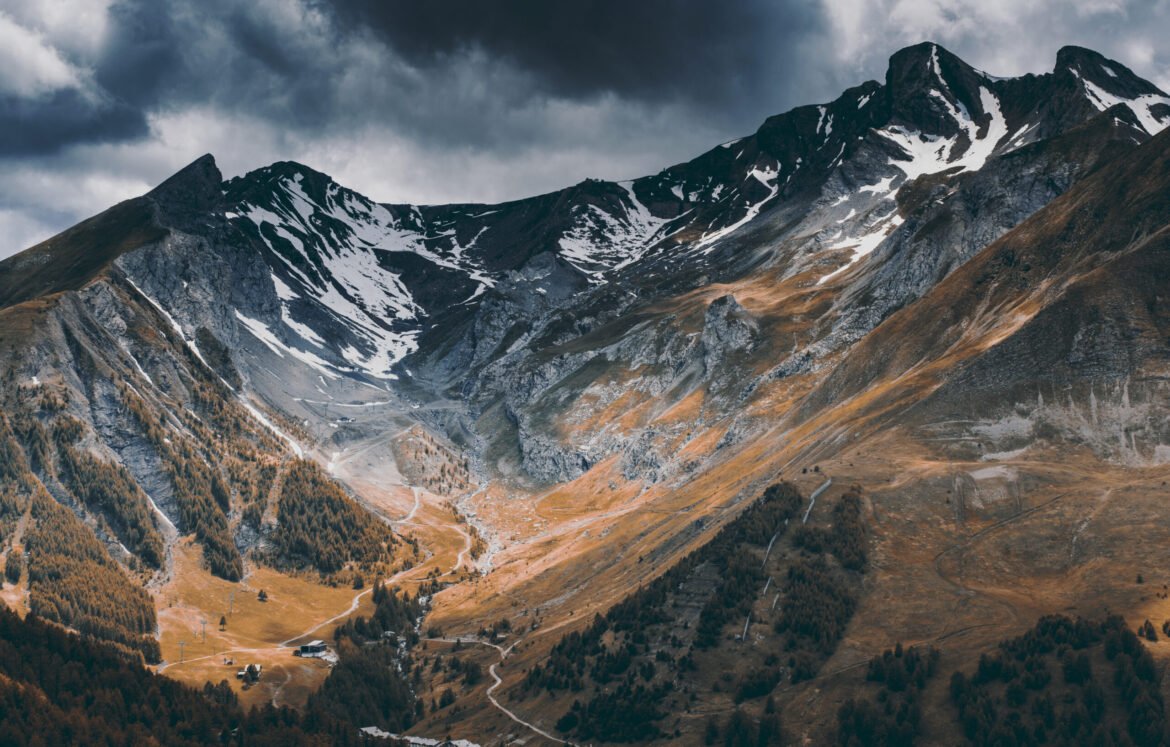 Tourist ski resorts in French Alps at early autumn