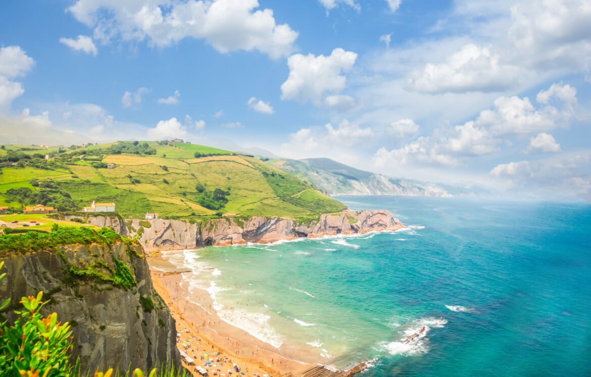Itzurun beach and hills of Zumaia coast at summer, Pais Vasco