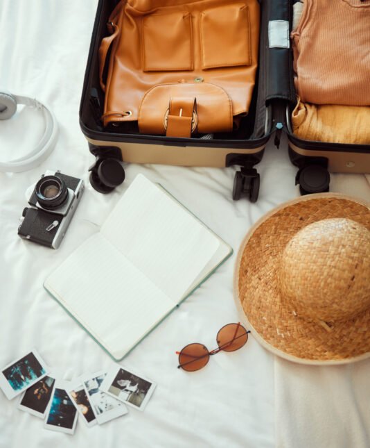 Backpacking, suitcase and equipment for summer travel, vacation or holiday getaway kit preparation .