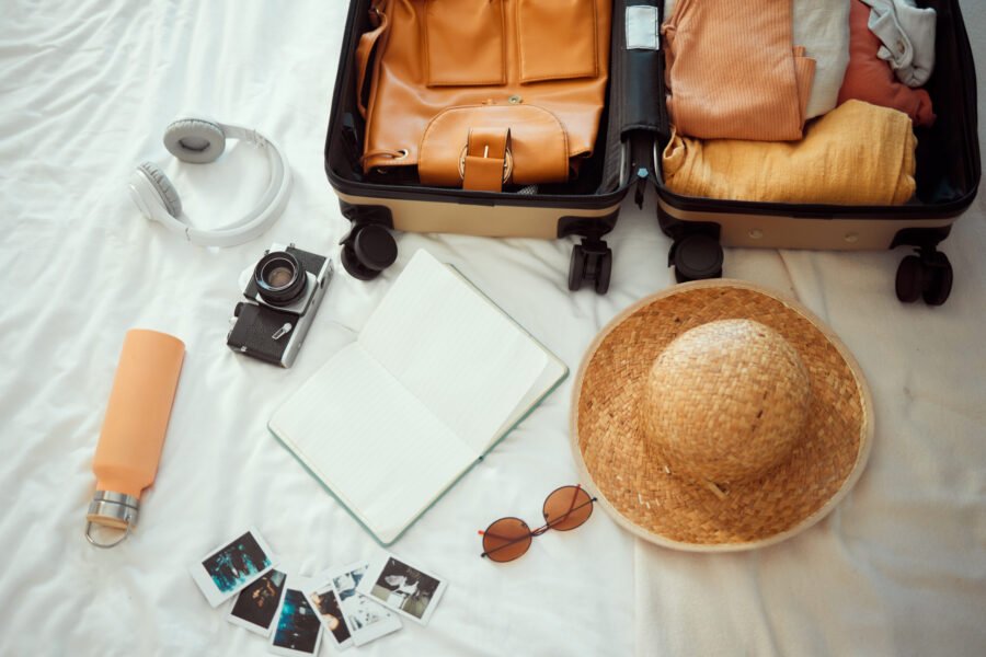 Backpacking, suitcase and equipment for summer travel, vacation or holiday getaway kit preparation .