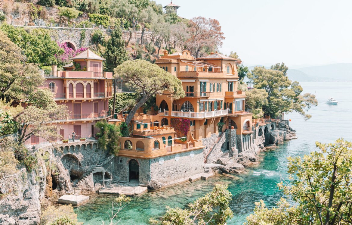 Beautiful sea coast with colorful houses in Portofino, Liguria, Italy. Summer stunning landscape.