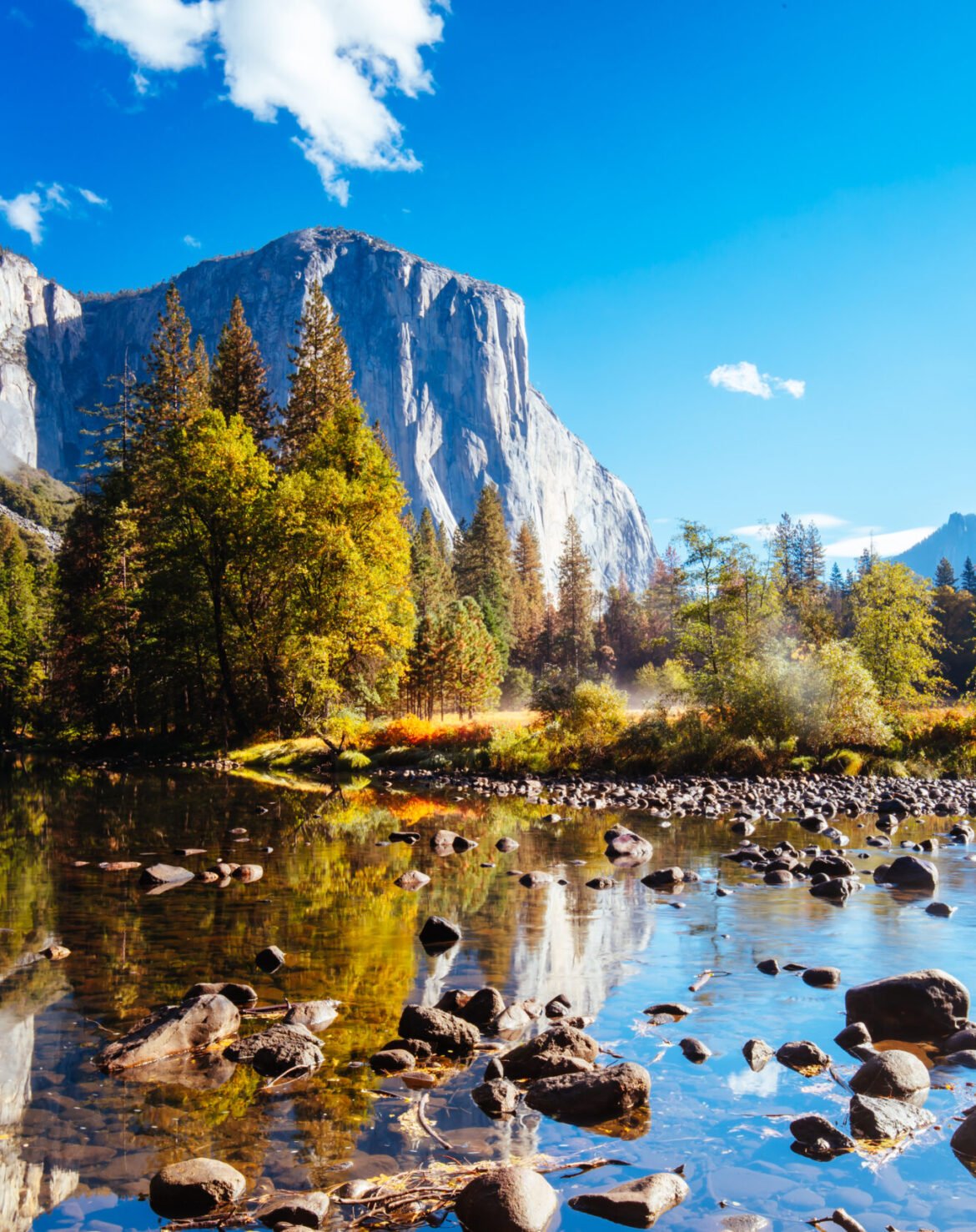 The view from within Yosemite Valley and Northside Drive of surrounding rock faces on a sunny autumn morning in California, USA