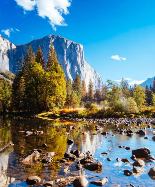 The view from within Yosemite Valley and Northside Drive of surrounding rock faces on a sunny autumn morning in California, USA