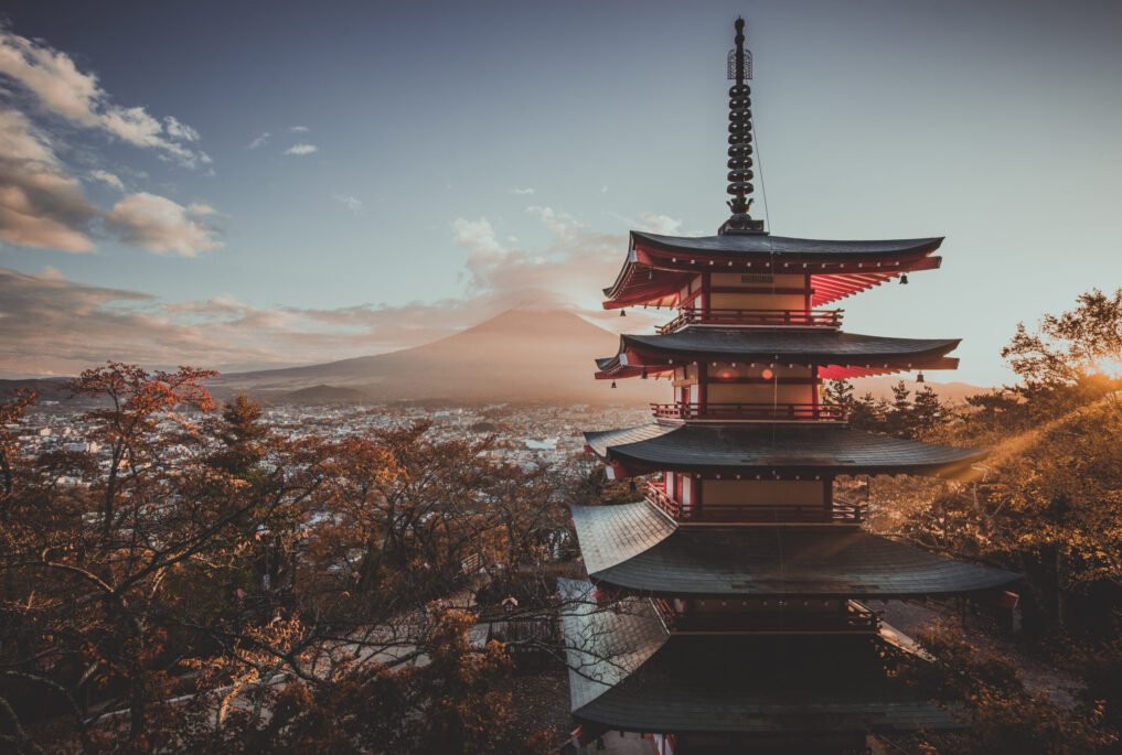 Chureito pagoda at Fuji mountain. Beautiful japanese landmarks and landscapes